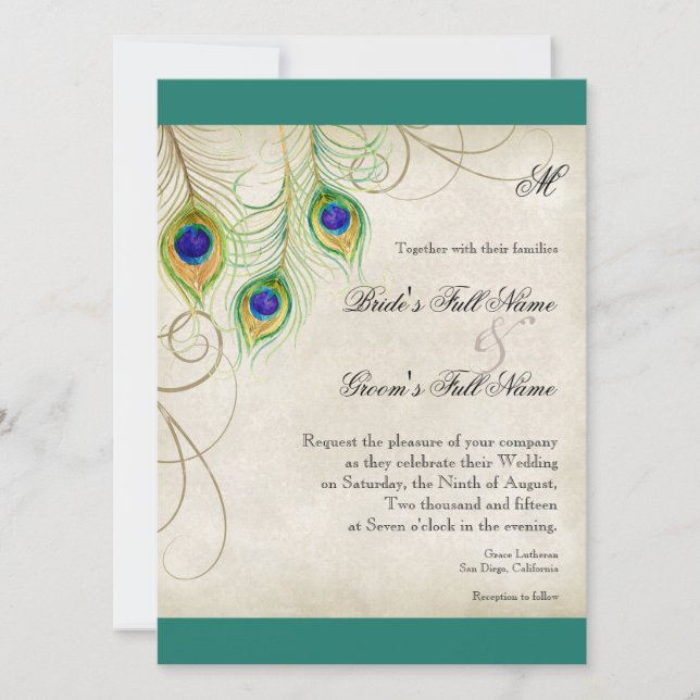 Convite para Casamento de Penas de Peacock (Frente)