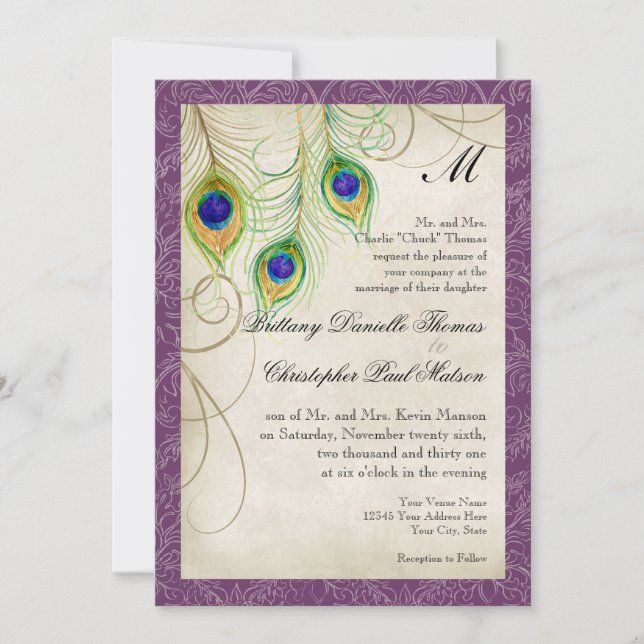Convite para Casamento de Penas de Peacock (Frente)