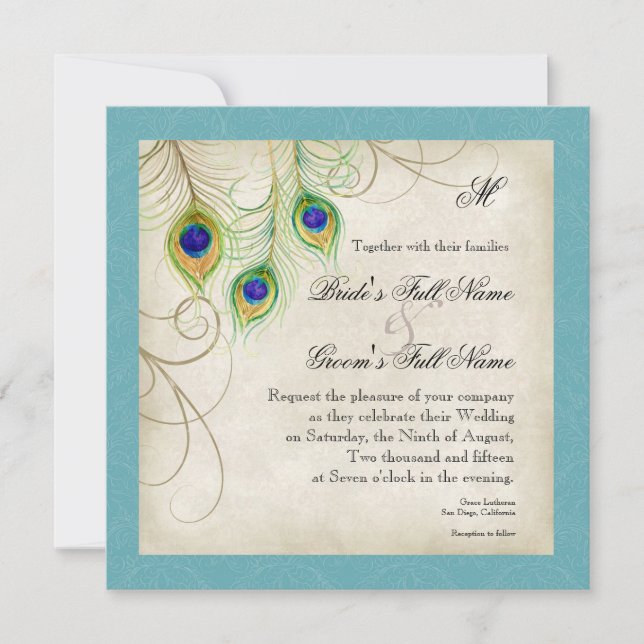 Convite para Casamento de Penas de Peacock (Frente)