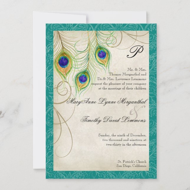 Convite para Casamento de Penas de Peacock (Frente)