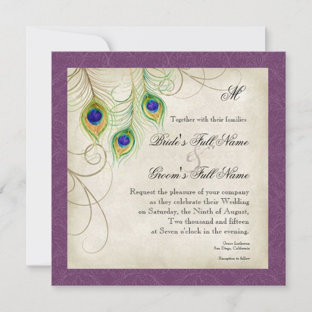 Convite para Casamento de Penas de Peacock (Frente)