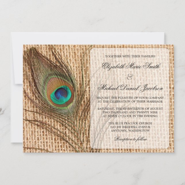 Convite Para Casamento De Penas De Peacock Burlap (Frente)