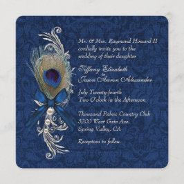Convite para Casamento de Penas e Damasco Azul