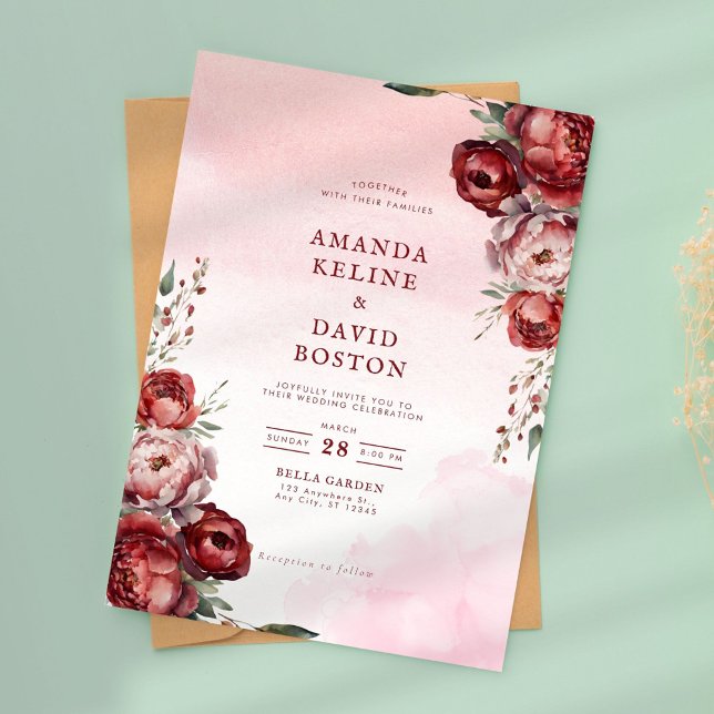Convite para Casamento de Peony de Watercolor Burg (Criador carregado)