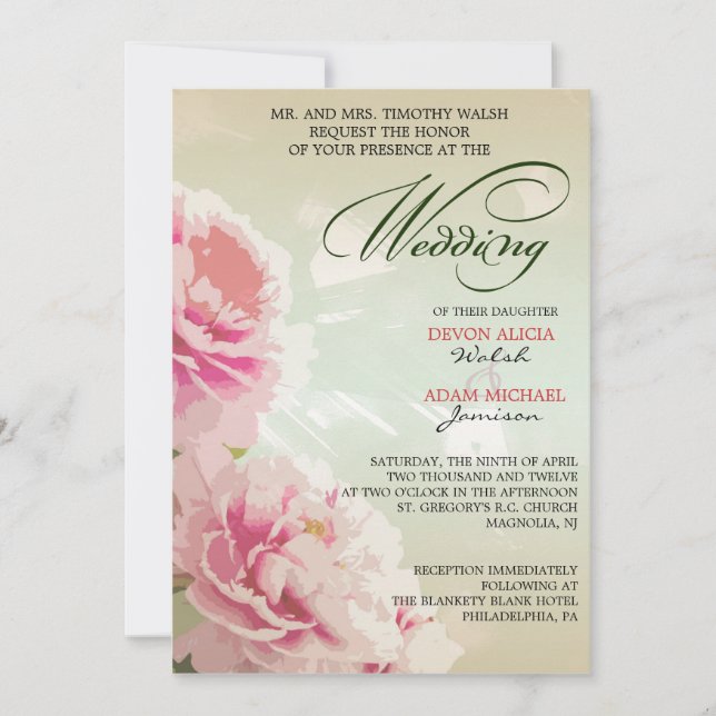 Convite para Casamento de Peony Floral em Rosa e V (Frente)