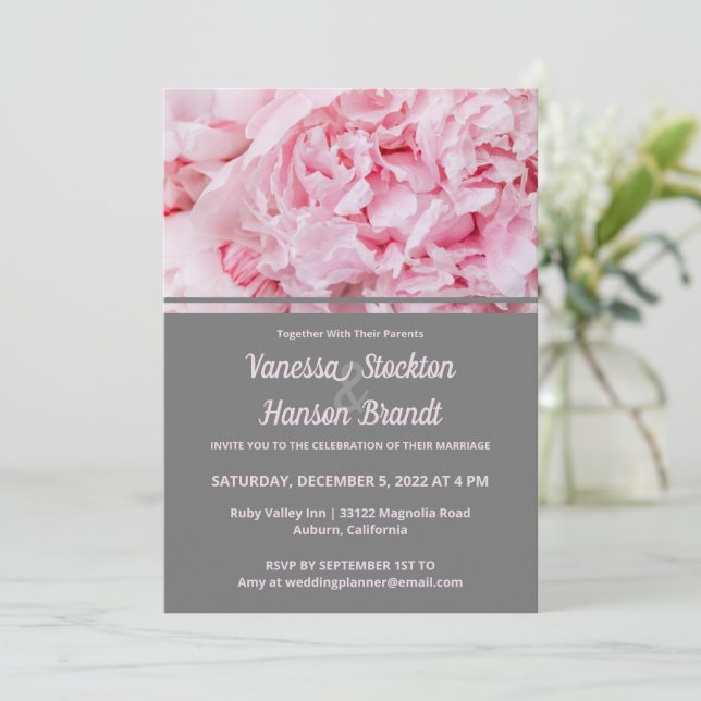 Convite para Casamento de Peony Rosa Moderna (Em pé/Frente)