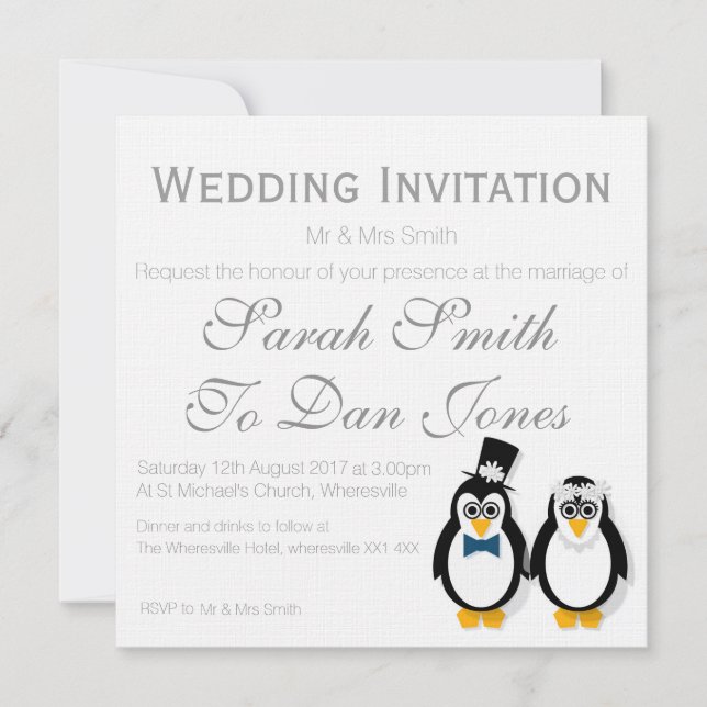 Convite para Casamento de Pinguins (Personalizável (Frente)