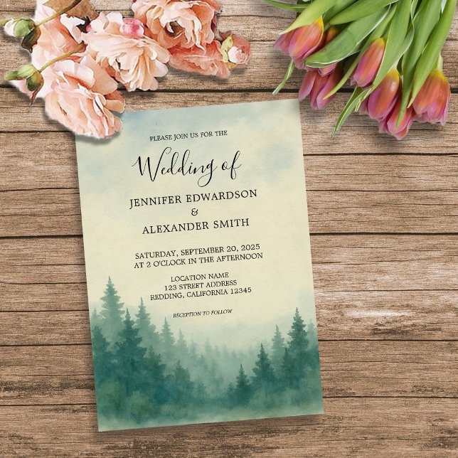 Convite para casamento de pinheiros de aquarela (Rustic watercolor pine tree forest wedding invitation. )
