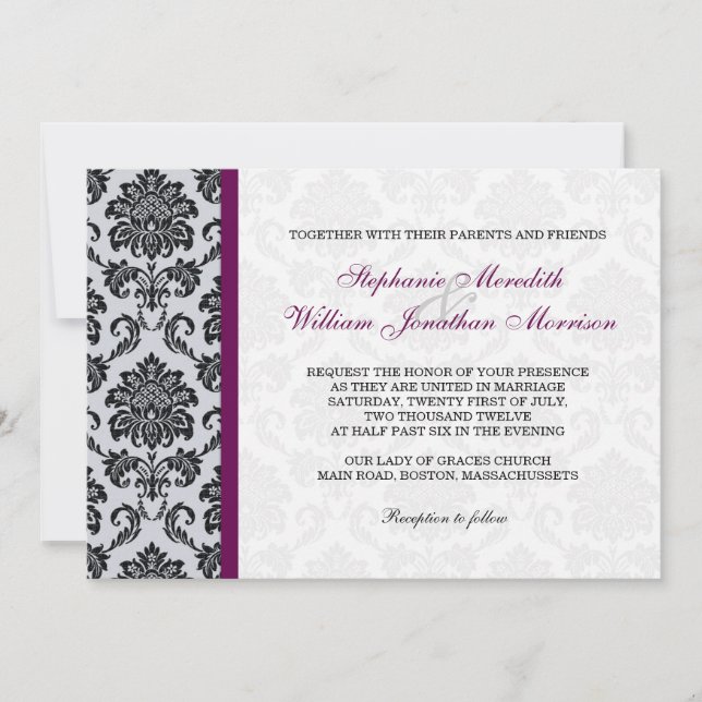 Convite para Casamento de Plum Damask Monograma (Frente)
