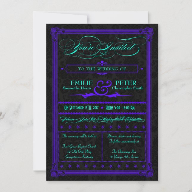 Convite Para Casamento De Poster Roxo E Teal Elétr (Frente)
