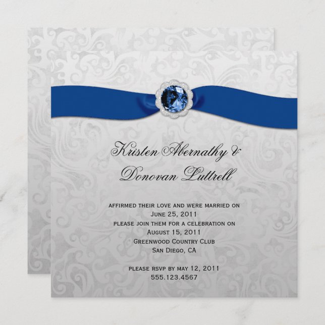 Convite para Casamento de Posto Gem Silver Blue Ri (Frente/Verso)