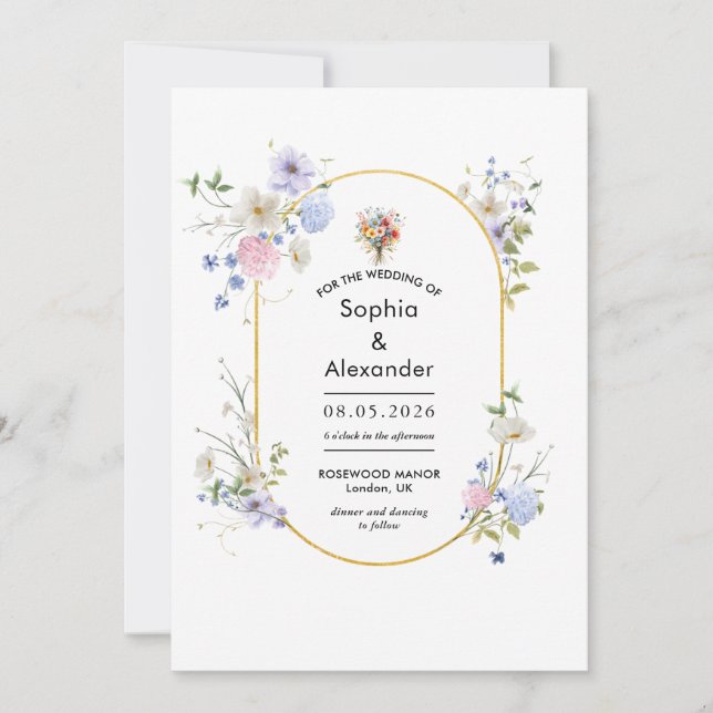 Convite para Casamento de Prados de Flores Selvage (Frente)