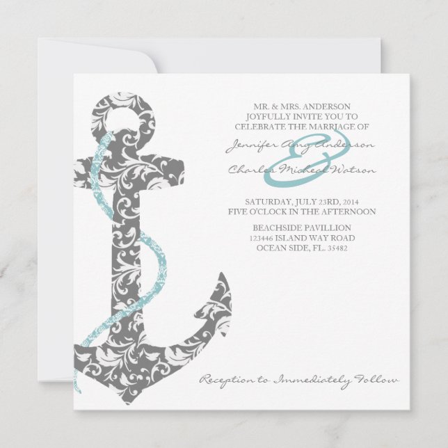 Convite para Casamento de Praia de Anchor de Teal  (Frente)