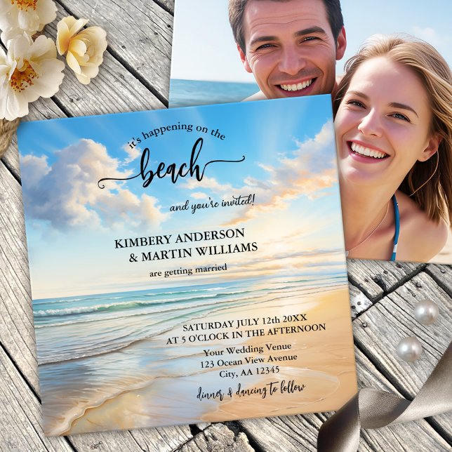 Convite para Casamento de Praia de Aquarela Costei (An elegant photo wedding invitation featuring a watercolor painting of a beach on a sunny day)