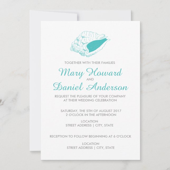 Convite para Casamento de Praia de Seashell (teal) (Frente)