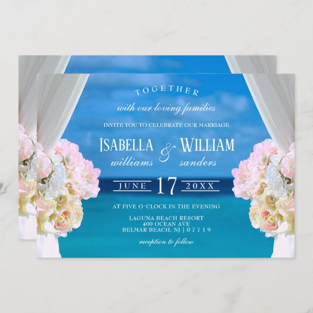 Convite para Casamento de Praia no Oceano Floral E (Frente/Verso)