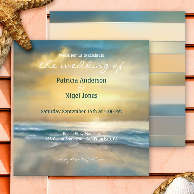Convite para Casamento de Praia Pintada Artística (Artistic wedding invitation featuring an original fine art painting of a sunset at the beach)