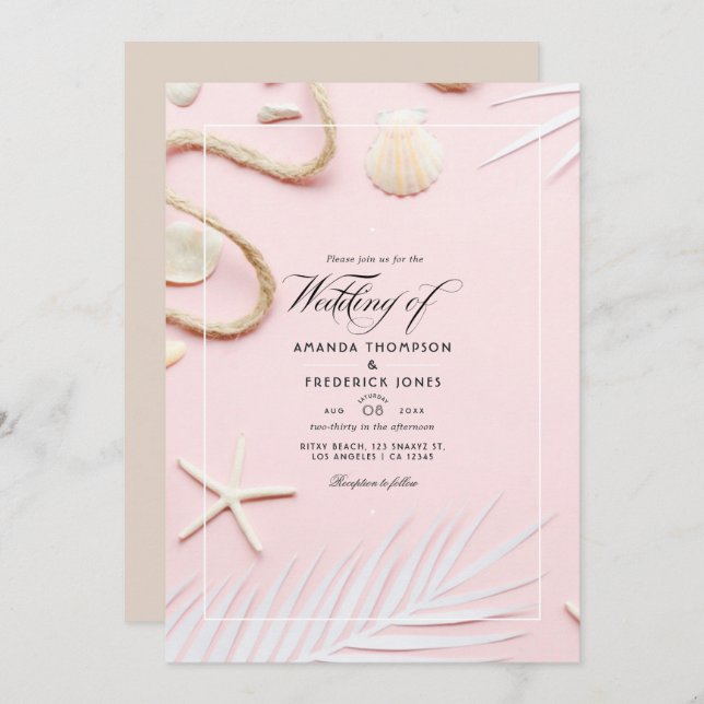 Convite para Casamento de Praia Rosa-Blush (Frente/Verso)