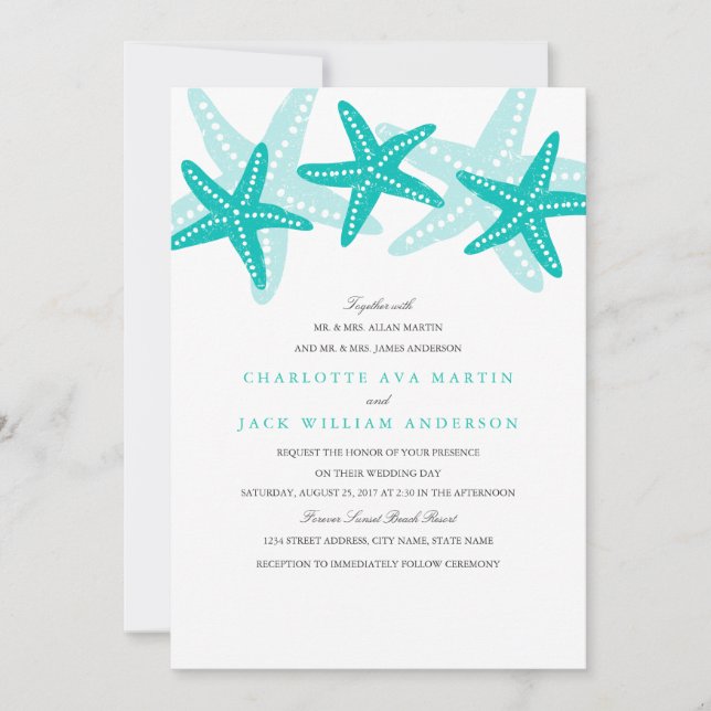 Convite para Casamento de Praia Teal Starfish (Frente)