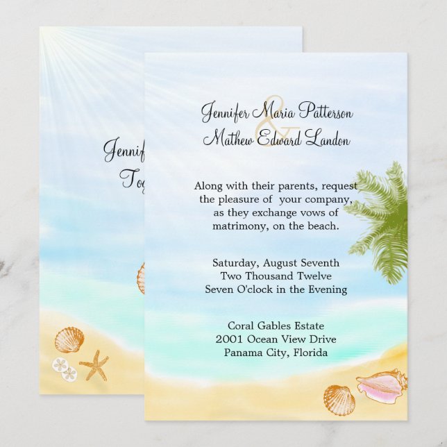Convite para Casamento de Praia Tropical de na mod (Frente/Verso)