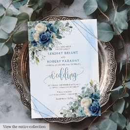 Convite para Casamento de Prata Branca Azul Chic D