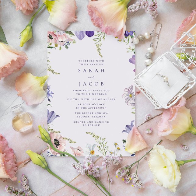 Convite para Casamento de Púrpura de Jardim de Flo (Garden Wildflower Purple Wedding Invitation)