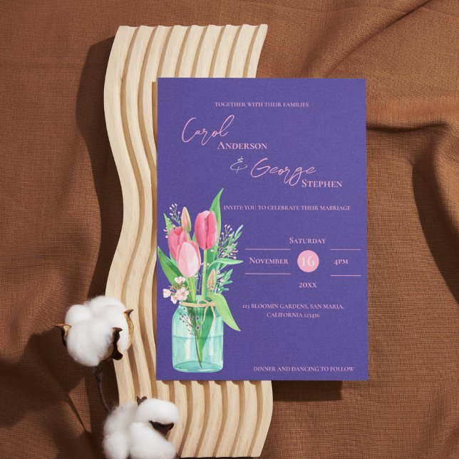 Convite para Casamento de Púrpura e Pincel Mason J (Purple & Blush Tulip Mason Jar Wedding Invitation)
