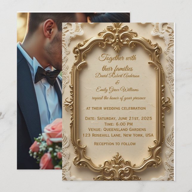 Convite para Casamento de Quadro Dourado Elegante (Frente/Verso)