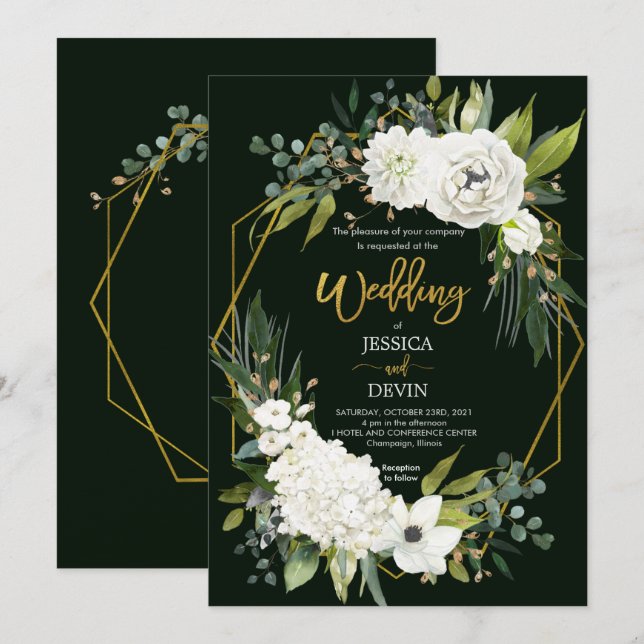 Convite para Casamento de Quadro Dourado Floral Br (Frente/Verso)