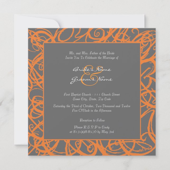 Convite para Casamento de Quadros de Cor Laranja e (Frente)