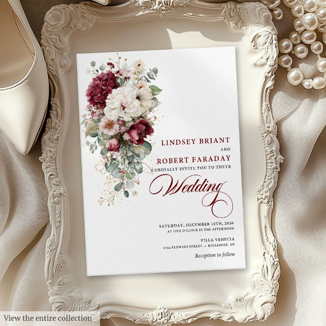 Convite para Casamento de Rosa Branca Moderna Boho (Modern Boho Burgundy White Rose Wedding Invitation)