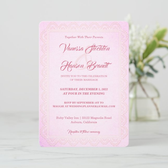 Convite para Casamento de Rosa de Fronteira de Loc (Em pé/Frente)