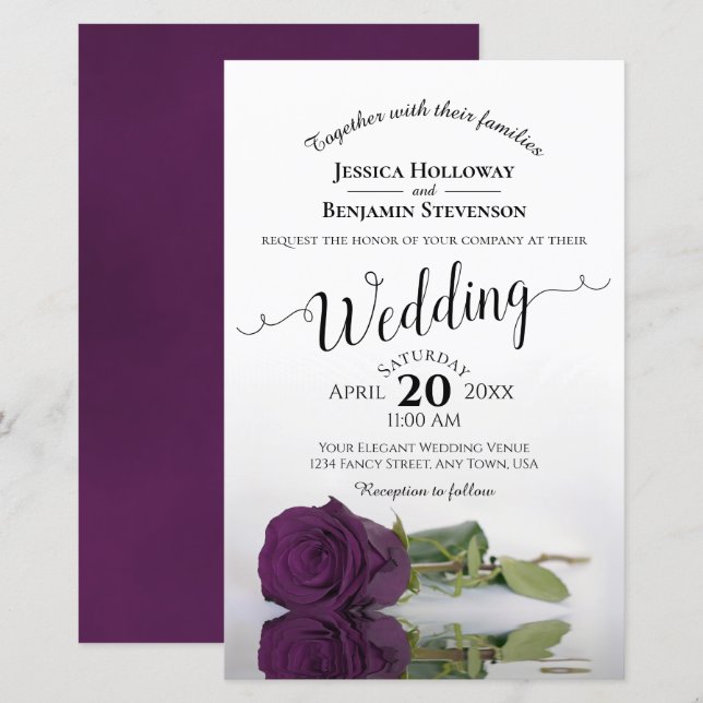 Convite para Casamento de Rosa de Roxo de ameixa (Frente/Verso)