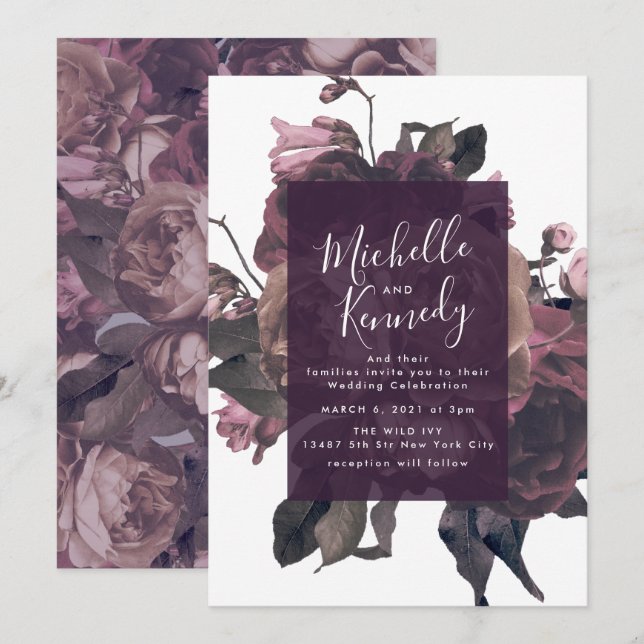 Convite para casamento de Rosa Fantasia Roxa (Frente/Verso)