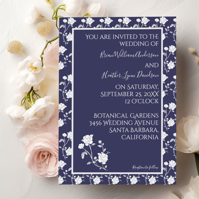 Convite para casamento de Rosa marinho  (Navy Blue Rose Wedding Invitation)