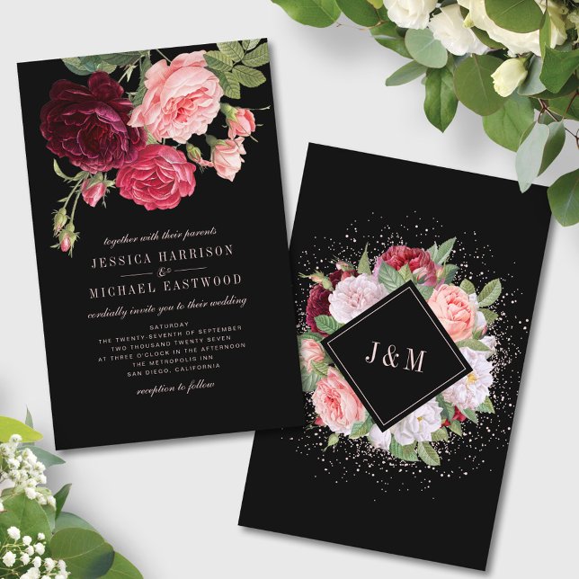 Convite para Casamento de Rosa Negro Elegante de O (Criador carregado)