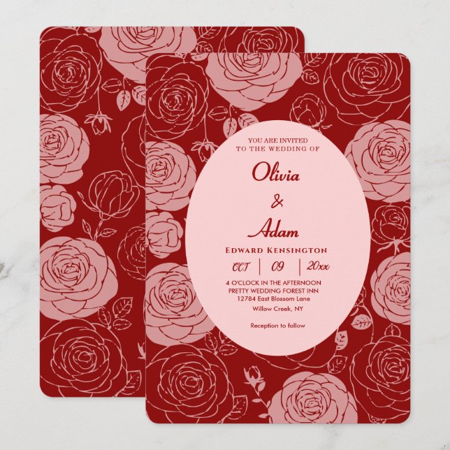 Convite para Casamento de Rosas Burgundy (Frente/Verso)