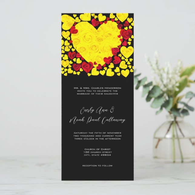 Convite para Casamento de Rosas de Coração Amarelo (Em pé/Frente)