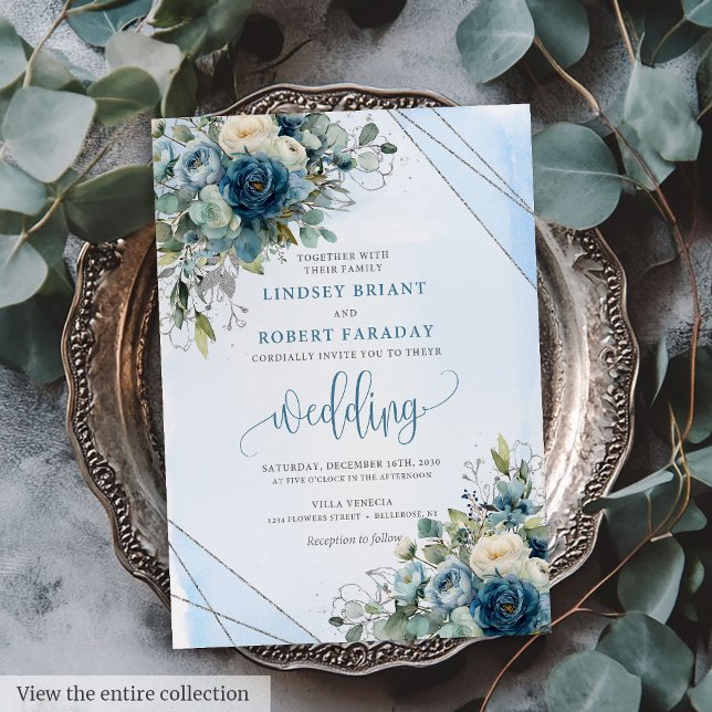 Convite para casamento de Rosas de prata azul Chic (Chic Dusty Blue Silver Roses Wedding Invitation)