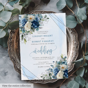 Convite para Casamento de Rosas de Prata Azul-Escu