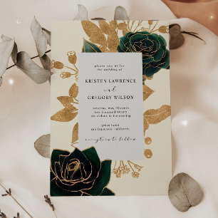 Convite para Casamento de Rosas Dourados e Verdes
