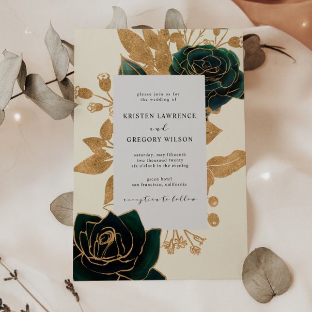 Convite para Casamento de Rosas Dourados e Verdes (Criador carregado)