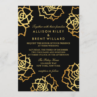Convite para Casamento de Rosas ouros - Preto