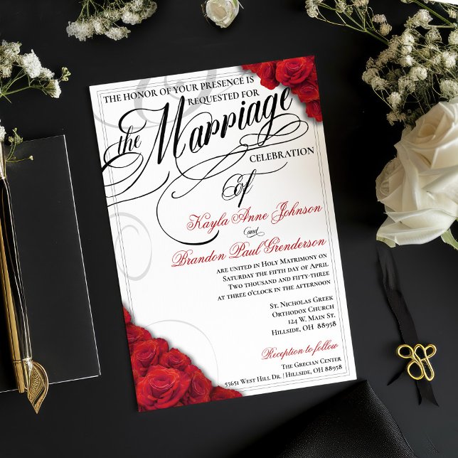 Convite para Casamento de Rosas vermelhas de Calig (Red roses wedding invitation with fully changeable background color)