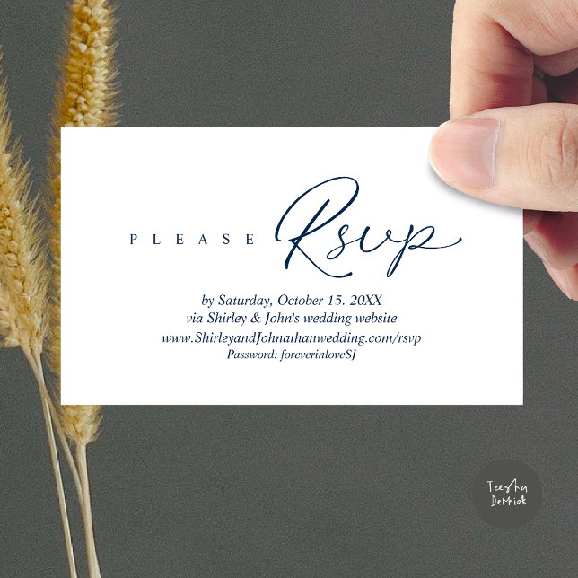 Convite para Casamento de RSVP Moderno, via Web si (Modern RSVP Wedding Invitation, via Website Enclosure Card, Phone, email, Navy Blue)