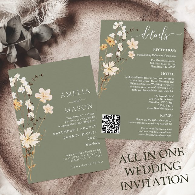 Convite para Casamento de Sage Green (All in One Sage Green Boho Wildflower Wedding Invitation with QR Code)