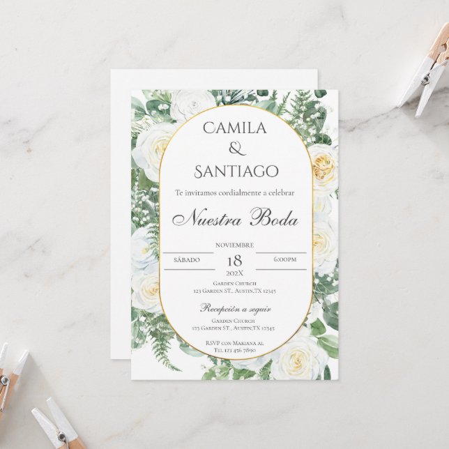 Convite para casamento de Sage Green Floral em esp (Frente/Verso In Situ)