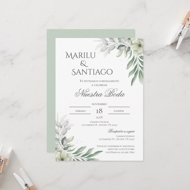 Convite para casamento de Sage Green Floral em esp (Frente/Verso In Situ)