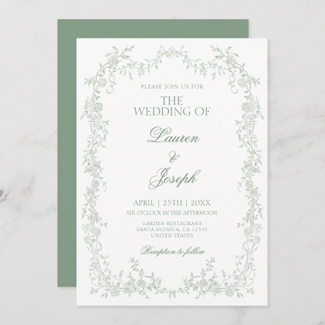 Convite para Casamento de Sage Green Toile (Frente/Verso)