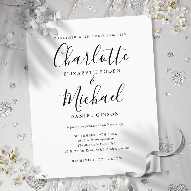 Convite para Casamento de Script Branco e Preto de (Budget Black and White Script Wedding Invitation)